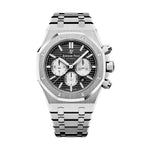 Load image into Gallery viewer, Quadrante nero dell’Audemars Piguet Royal Oak Cronografo con motivo Grande Tapisserie, contatori cronografici argentati maggiorati, indici applicati in oro bianco luminescenti e lancette luminescenti Royal Oak