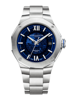 Load image into Gallery viewer, Orologio Baume & Mercier Riviera 10616 da 42 mm con cassa dodecagonale in acciaio, quadrante blu trasparente in vetro zaffiro e bracciale integrato in acciaio lucido e satinato.
