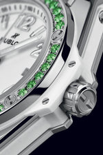 Load image into Gallery viewer, Hublot Big Bang Joyful Steel Apple Green 485.SG.2210.RX.1222 - cassa acciaio - cinturino gomma verde - quadrante bianco con datario