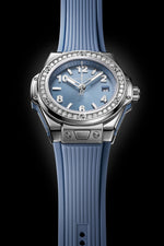 Load image into Gallery viewer, Hublot Big Bang Coal Blue Diamonds 485.SX.717B.RX.1204 - cassa titanio - cinturino gomma azzurro ghiaccio - quadrante azzurro ghiaccio con datario
