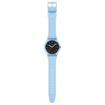 Load image into Gallery viewer, Vista frontale dell’orologio Swatch Blue Moves SO29L101 con quadrante nero e lancette azzurre, perfetto per uno stile quotidiano e dinamico.