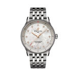 Load image into Gallery viewer, Vista frontale del Breitling Navitimer 32 A77320E61A2A1 su bracciale in acciaio con quadrante madreperla bianco e indici in diamanti.