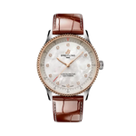 Load image into Gallery viewer, Quadrante bianco in madreperla con 12 diamanti sintetici come indici, lancette luminescenti e datario a ore 3 dell’orologio Breitling Navitimer 32