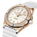 Load image into Gallery viewer, Dettaglio della lunetta girevole unidirezionale decorata con diamanti coltivati in laboratorio e vetro zaffiro convesso.