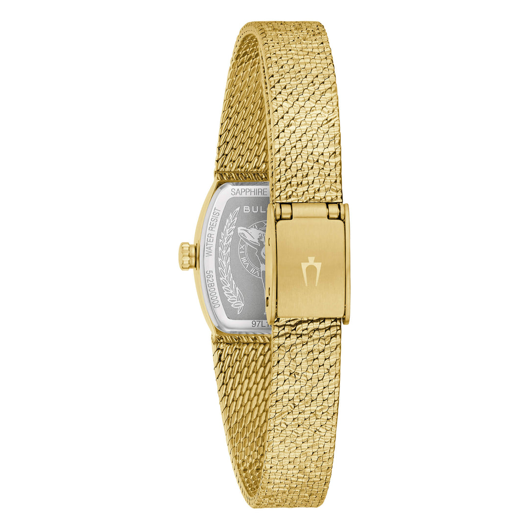 Dettaglio del quadrante in sodalite blu con indici e lancette argentate.