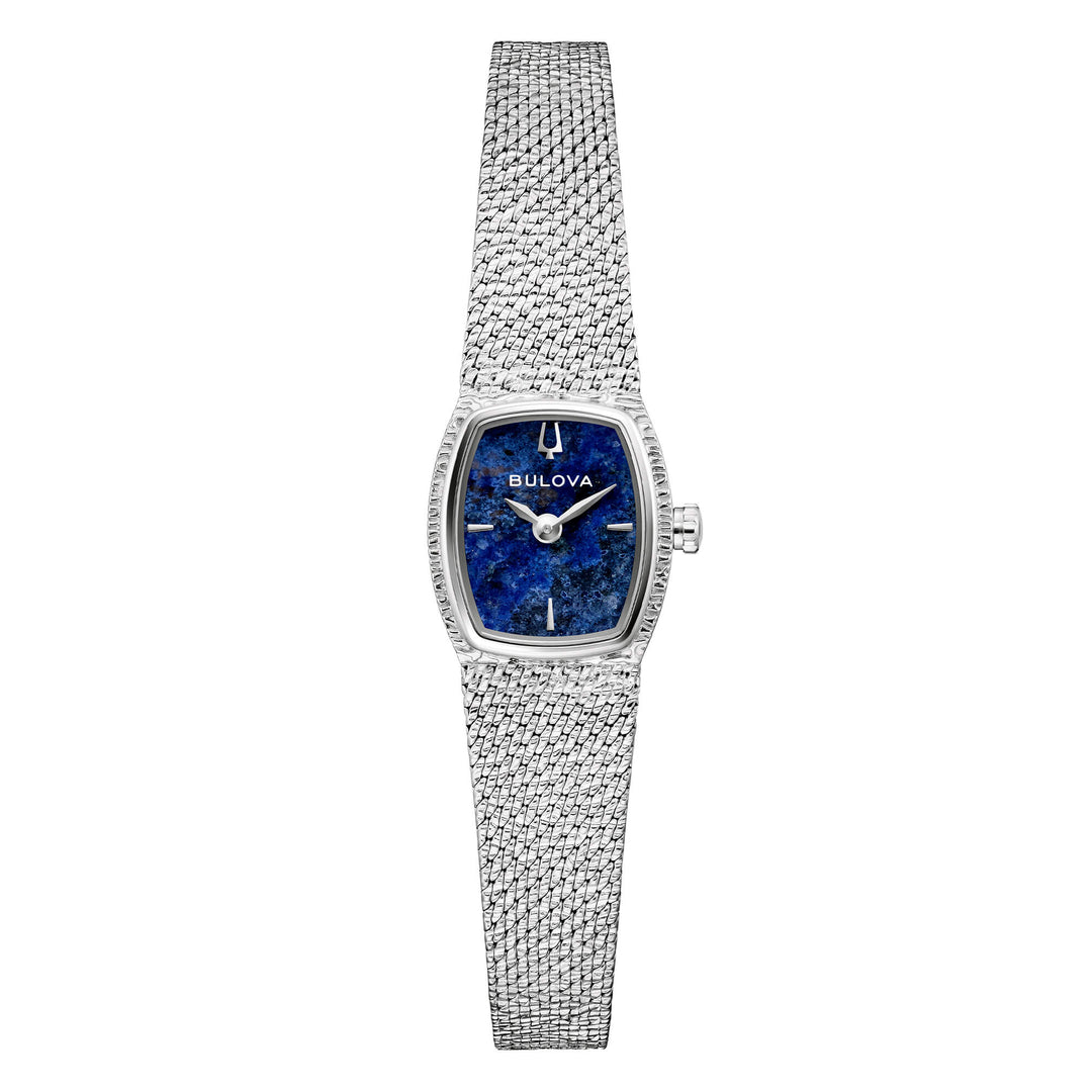 Bulova Goddess of Time 96L343 con cassa rettangolare in acciaio argento e quadrante in sodalite blu.