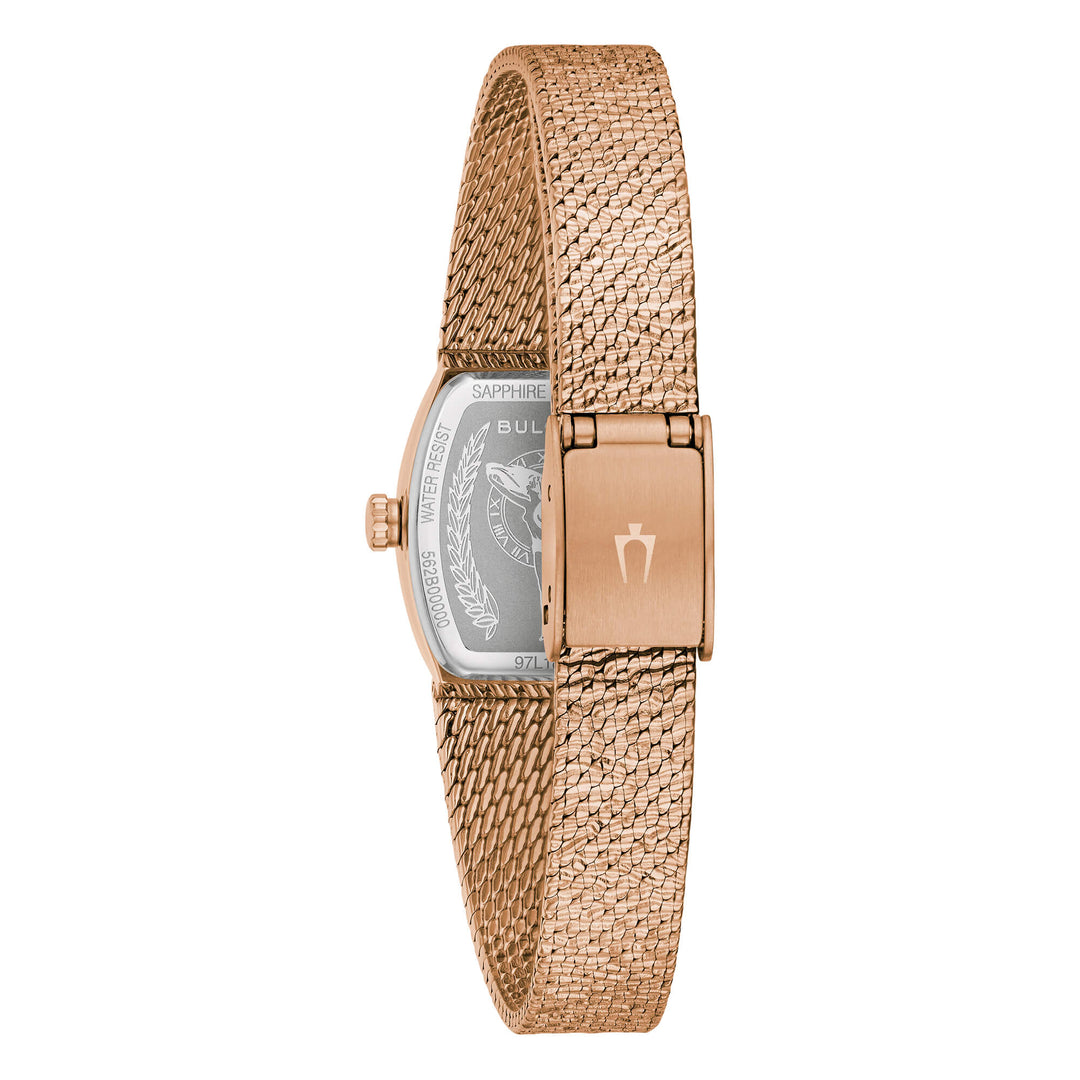 Dettaglio quadrante naturale occhio di tigre con indici e lancette in tinta oro rosa.