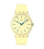 Load image into Gallery viewer, Orologio Swatch Citrus Tilt SO29J102 con cassa rotonda gialla in plastica e quadrante giallo chiaro testurizzato con indici verdi scuro stampati.