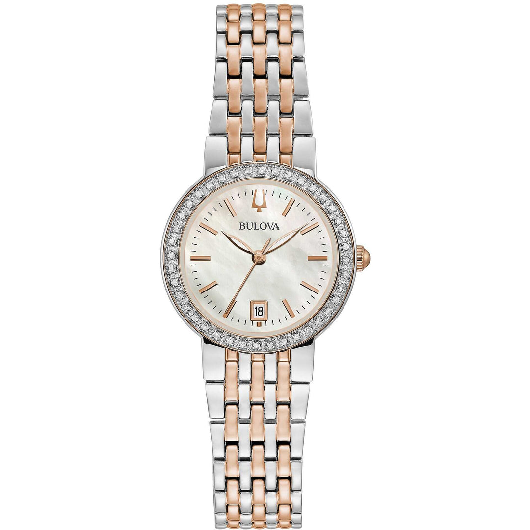 Quadrante blu satinato con otto diamanti incastonati come indici del Classic Lady Diamond Bulova