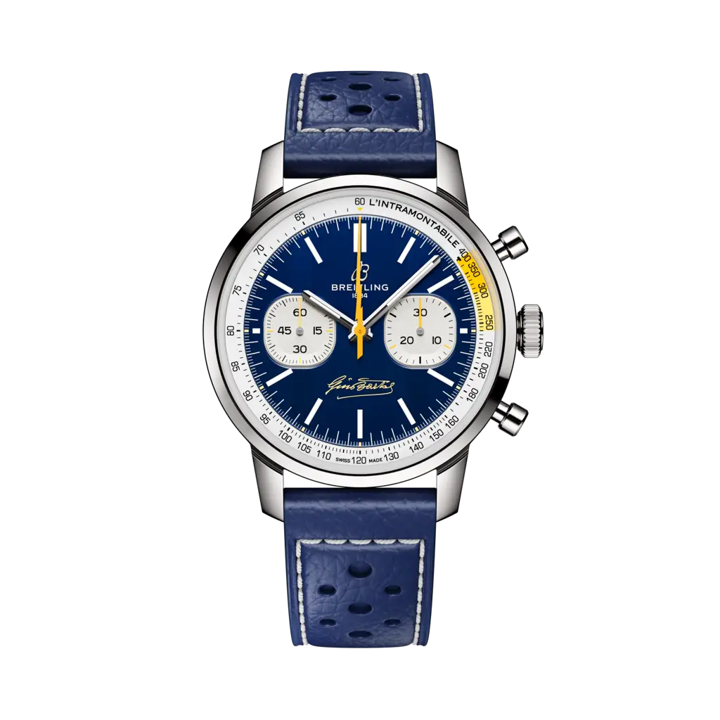 Cronografo Breitling Top Time B01 Gino Bartali con cassa in acciaio inox da 41 mm e quadrante protetto da vetro zaffiro.