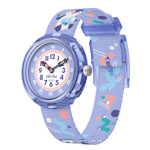 Load image into Gallery viewer, Orologio Flik Flak Arty Animals modello FBNP246 con cassa viola in plastica e quadrante bianco decorato con animali colorati e lancette di colori differenti.