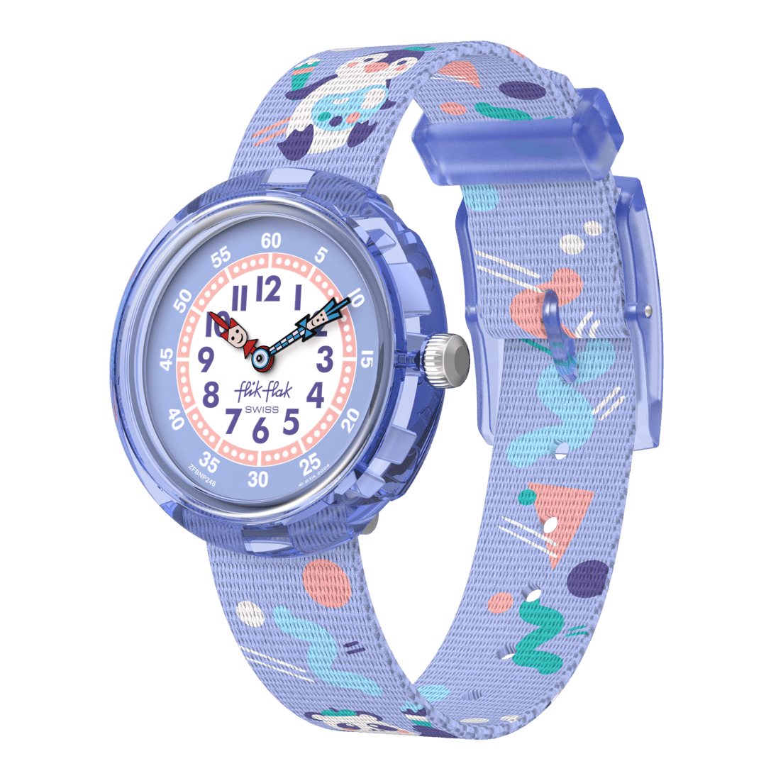 Orologio Flik Flak Arty Animals modello FBNP246 con cassa viola in plastica e quadrante bianco decorato con animali colorati e lancette di colori differenti.