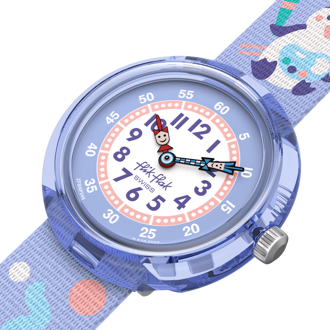 Dettaglio cinturino tessile multicolore con fibbia regolabile dell’orologio Flik Flak Arty Animals FBNP246, comodo e sicuro per i bambini.