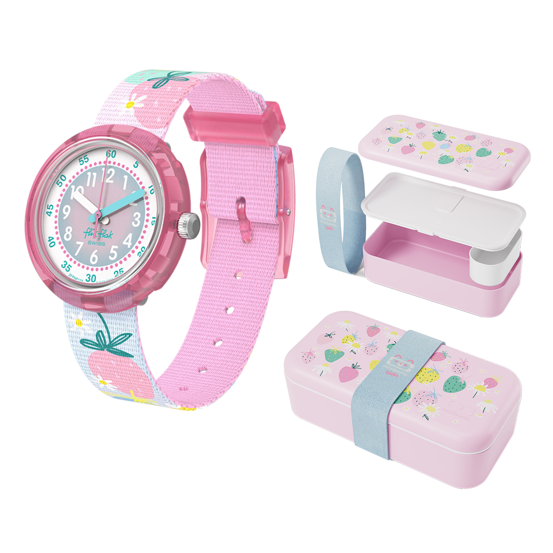 Set regalo Flik Flak Berry Nice con orologio e cestino da pranzo Monbento.