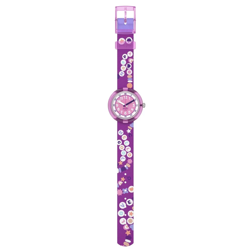Dettaglio cinturino tessile multicolore con fibbia regolabile dell’orologio Flik Flak BFF FPNP172, comodo e sicuro per i bambini.