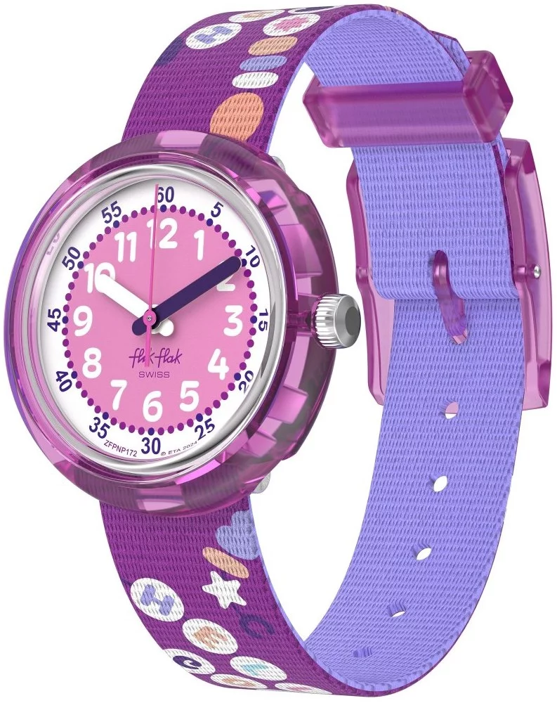 Orologio Flik Flak BFF modello FPNP172 con cassa viola in plastica e quadrante rosa, lancette colorate per facile lettura dell’ora.