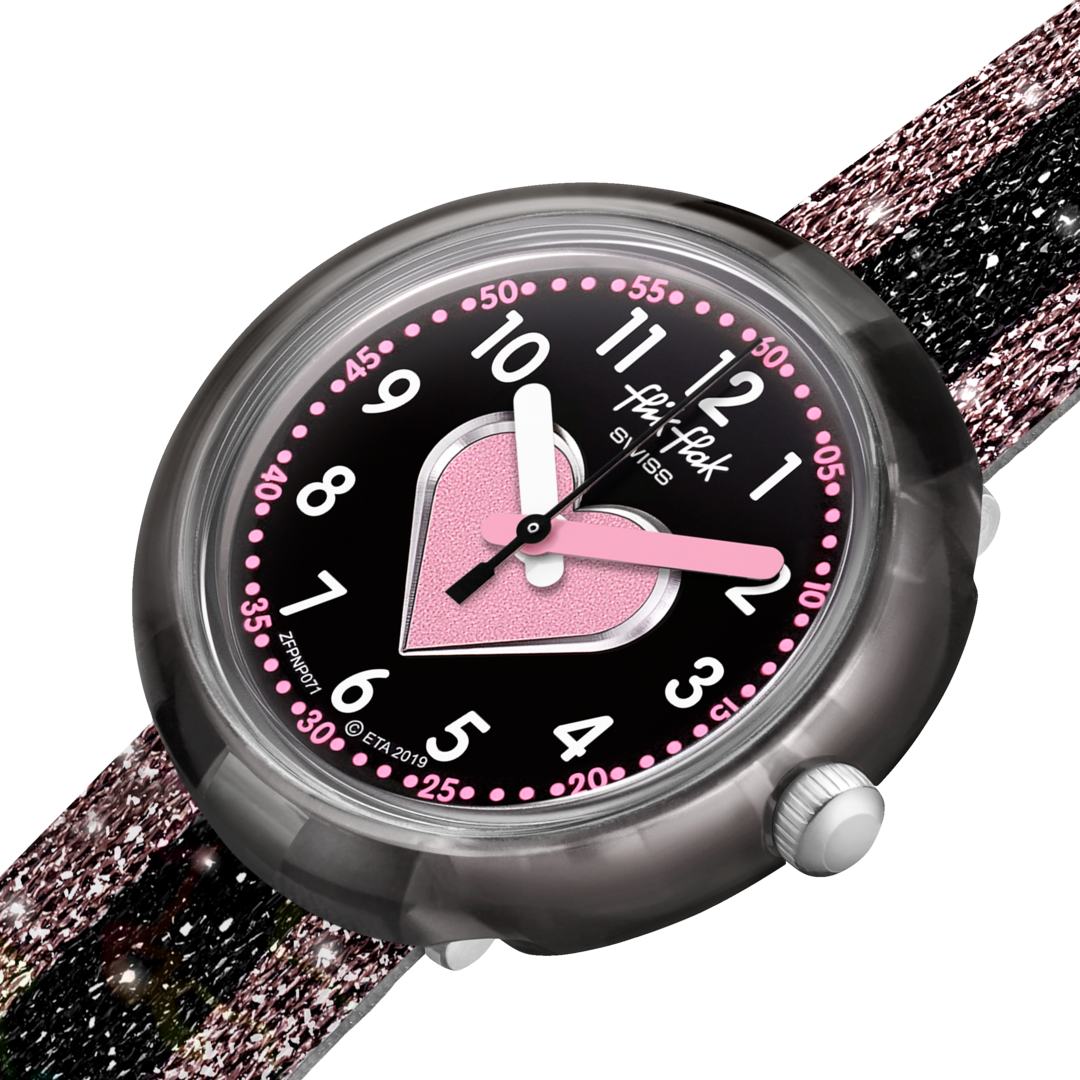 Dettaglio del cinturino in tessuto glitterato rosa e nero del Flik Flak Cuoricino.