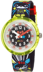 Load image into Gallery viewer, Orologio Flik Flak DC Hello Kitty Batgirl FLNP016 con quadrante nero e dettagli colorati.