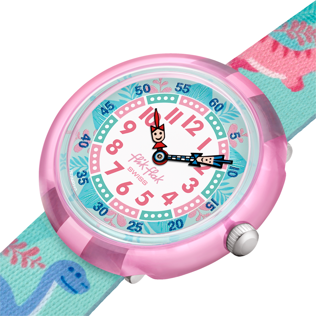 Dettaglio del cinturino in PET riciclato con fantasia colorata del Flik Flak Dino Party.