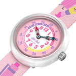 Load image into Gallery viewer, Dettaglio cinturino tessile multicolore dell’orologio Flik Flak In My Bag FBNP247, comodo e regolabile per bambini.