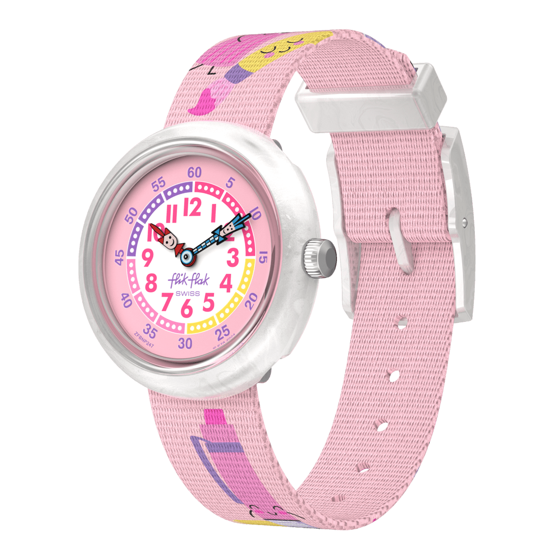 Orologio Flik Flak In My Bag modello FBNP247 con cassa colorata e quadrante decorato con grafica ispirata alla cancelleria scolastica.