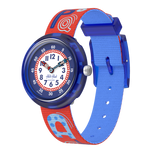 Load image into Gallery viewer, Orologio Flik Flak Know Your ABC modello FBNP244 con cassa blu in plastica, quadrante bianco e lancette rosse e blu per facile lettura dell’ora.