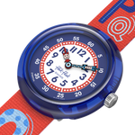 Load image into Gallery viewer, Dettaglio cinturino tessile multicolore con fibbia regolabile blu dell’orologio Flik Flak Know Your ABC FBNP244, comodo e sicuro per bambini.