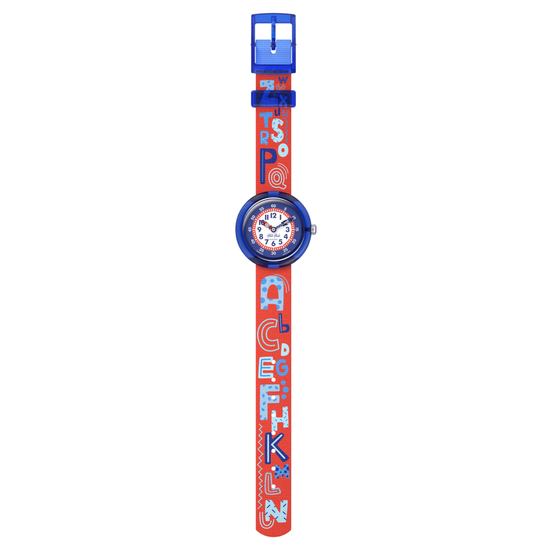 Vista frontale dell’orologio Flik Flak Know Your ABC FBNP244 con quadrante bianco e lancette colorate, ideale per l’apprendimento dell’ora nei bambini.