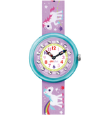 Load image into Gallery viewer, Primo piano del quadrante con pietre simili a cristalli e lancette colorate Flik Flak Magical Unicorns