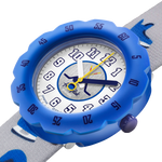 Load image into Gallery viewer, Dettaglio del cinturino grigio con stampa tecnica e fibbia del Flik Flak Puck It.