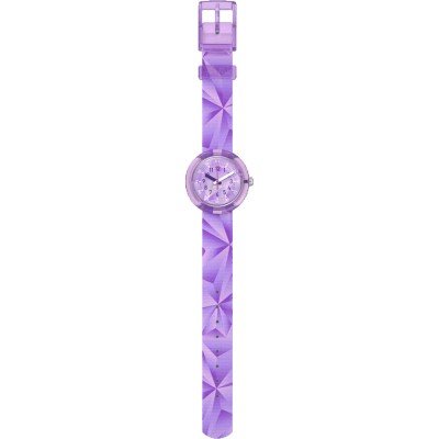 Dettaglio del cinturino tessile viola in PET riciclato dell’orologio Flik Flak Purple Prism.