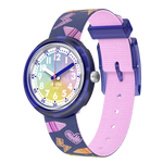 Load image into Gallery viewer, Orologio Flik Flak Rainbow Crayons modello FPNP173 con cassa blu in plastica e quadrante multicolore con lancette bianche, blu e rosa.