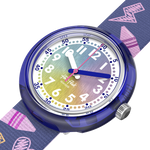 Load image into Gallery viewer, Dettaglio cinturino tessile multicolore con fibbia viola dell’orologio Flik Flak Rainbow Crayons FPNP173, comodo e sicuro per bambini.