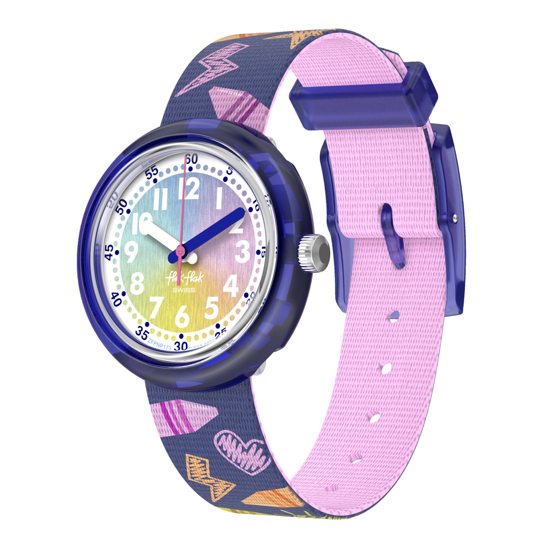 Orologio Flik Flak Rainbow Crayons modello FPNP173 con cassa blu in plastica e quadrante multicolore con lancette bianche, blu e rosa.