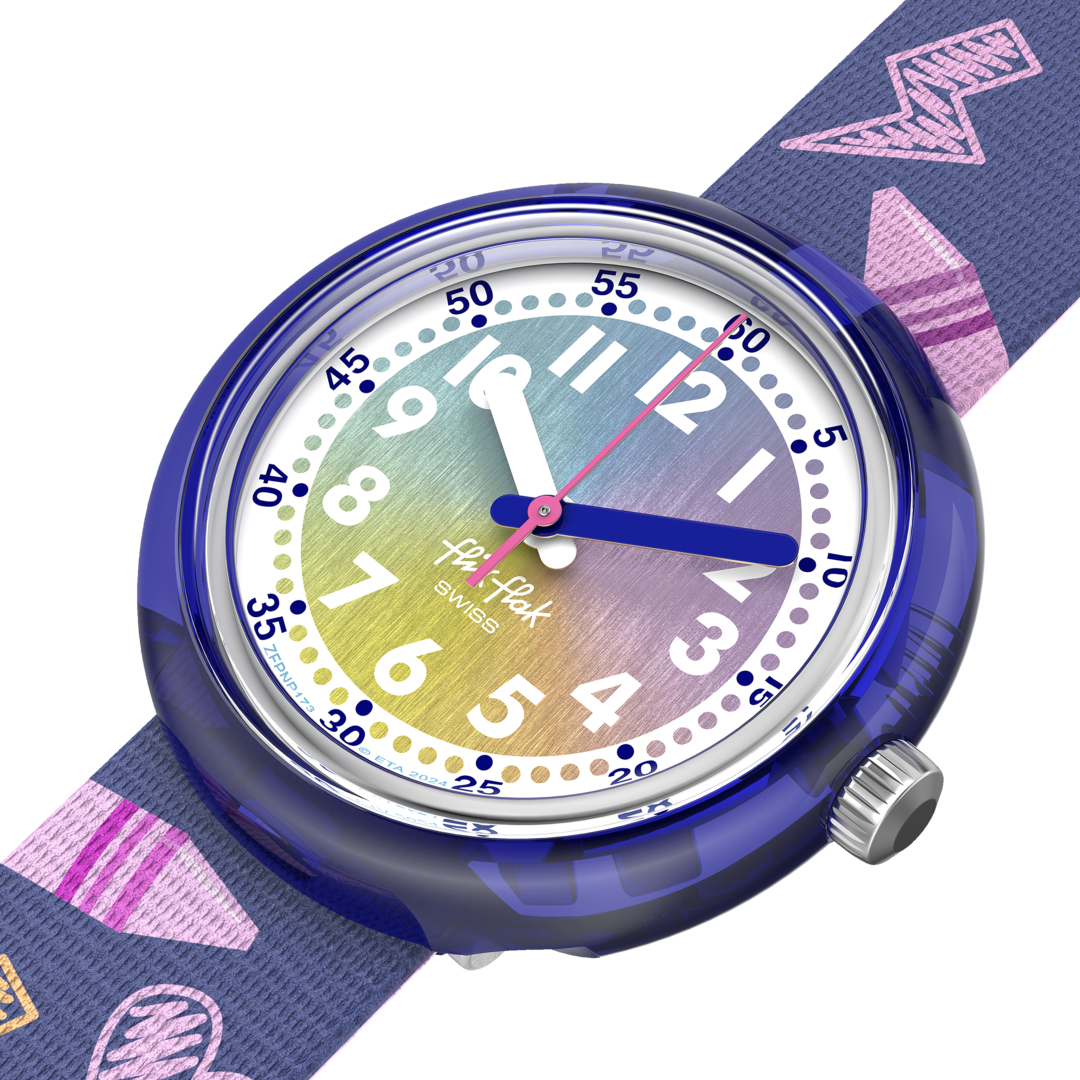 Dettaglio cinturino tessile multicolore con fibbia viola dell’orologio Flik Flak Rainbow Crayons FPNP173, comodo e sicuro per bambini.