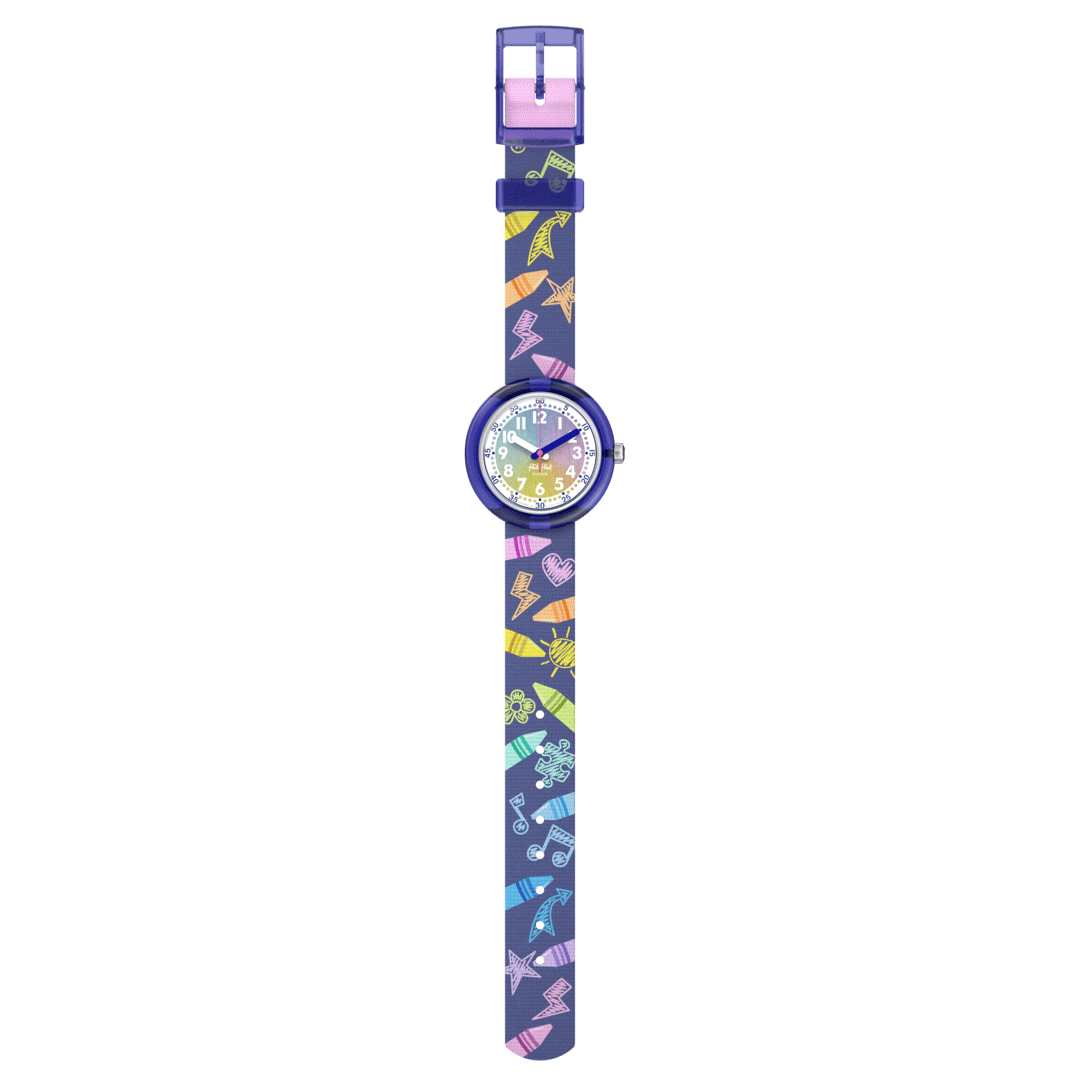 Vista frontale dell’orologio Flik Flak Rainbow Crayons FPNP173 con lancette colorate e quadrante allegro, ideale per imparare a leggere l’ora.