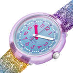 Load image into Gallery viewer, Dettaglio del cinturino tessile multicolore glitterato Flik Flak Shine in Rainbow.