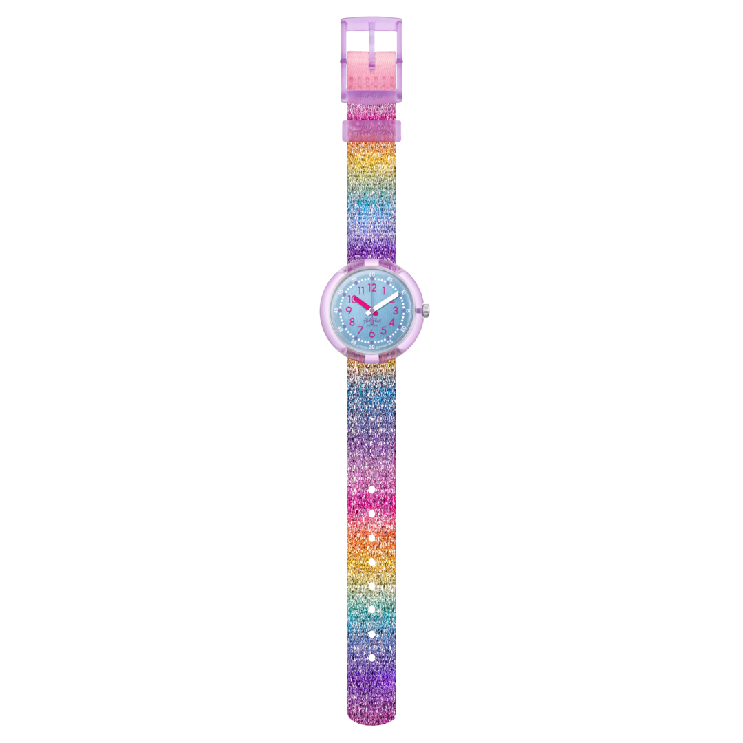 Vista laterale della cassa viola in plastica di origine biologica e fibbia del cinturino