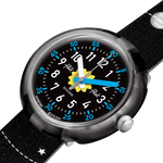 Load image into Gallery viewer, Dettaglio del cinturino nero in PET riciclato con motivi spaziali Flik Flak Solar System