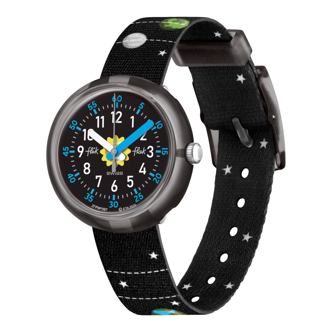 Orologio Flik Flak Solar System FPNP097 con quadrante nero e pianeti colorati.