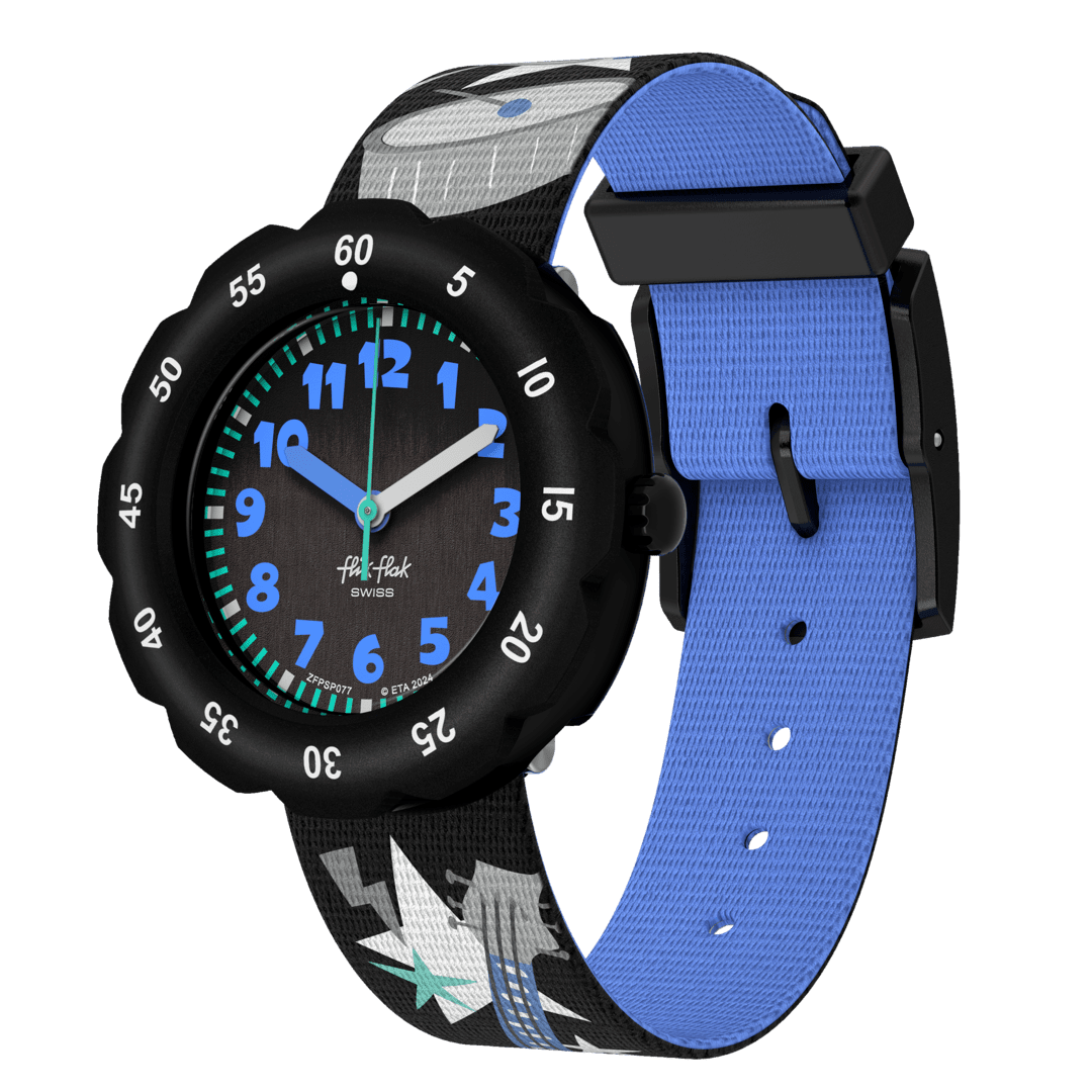 Orologio Flik Flak Stage Star FPSP077 con cassa multicolore in plastica e quadrante con numeri grandi e colorati a tema musicale.