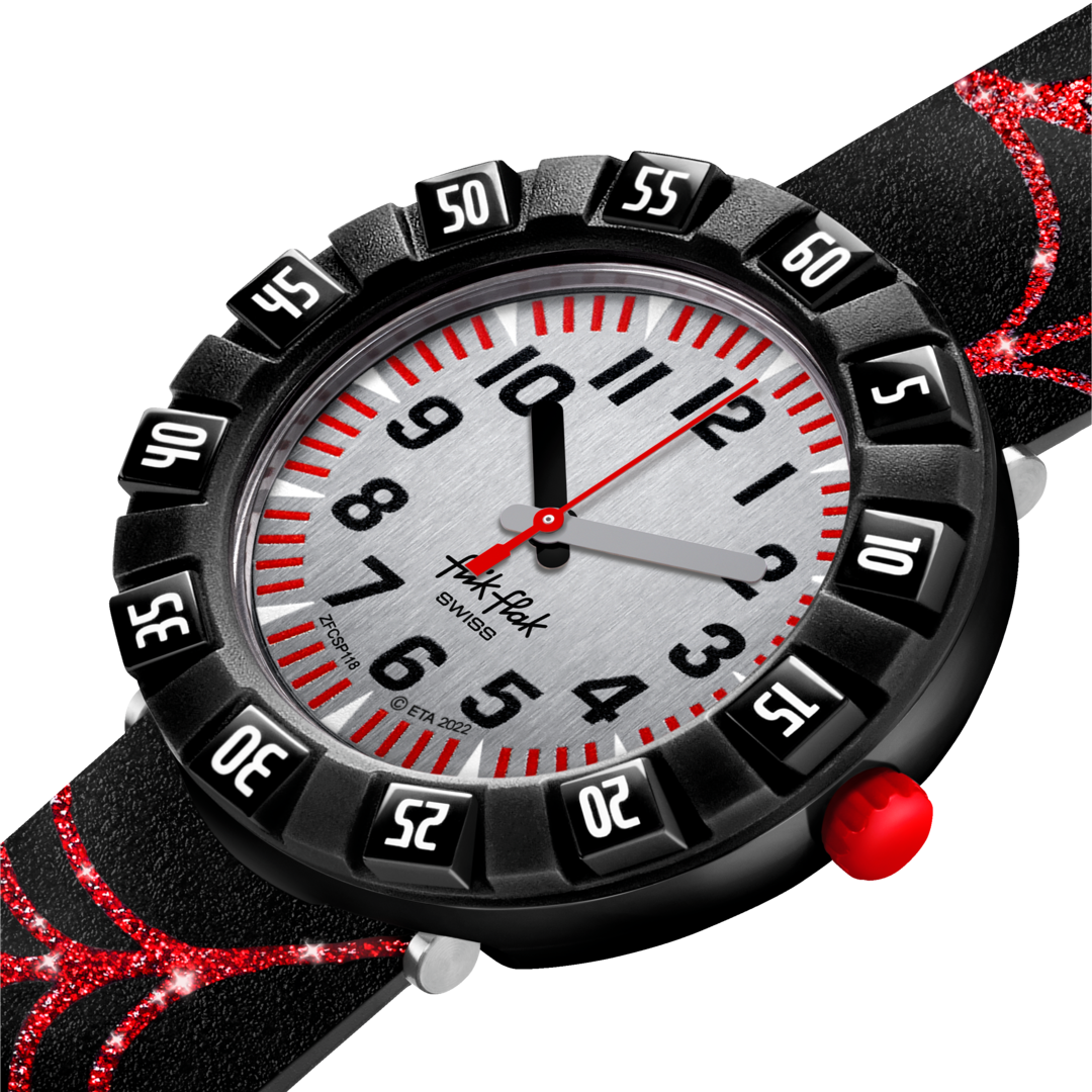 Dettaglio del cinturino nero in silicone lucido del Flik Flak Webaxus.