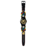 Load image into Gallery viewer, Swatch Die glocke GB285 - cassa in polimero nero - cinturino cuoio nero - quadrante nero con cuore e mucca oro