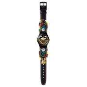 Swatch Die glocke GB285 - cassa in polimero nero - cinturino cuoio nero - quadrante nero con cuore e mucca oro