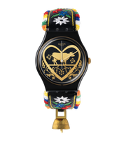 Swatch Die glocke GB285 - cassa in polimero nero - cinturino cuoio nero - quadrante nero con cuore e mucca oro