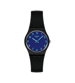 Load image into Gallery viewer, Orologio Swatch Grace in Time modello LB188 con cassa rotonda blu scuro testurizzata e quadrante con numeri verdi chiaro stampati.