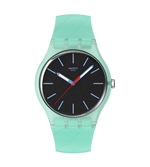 Load image into Gallery viewer, Orologio Swatch Hint of Mint SO29L103 con cassa rotonda in plastica verde e quadrante nero strutturato con lancette blu e rosse.
