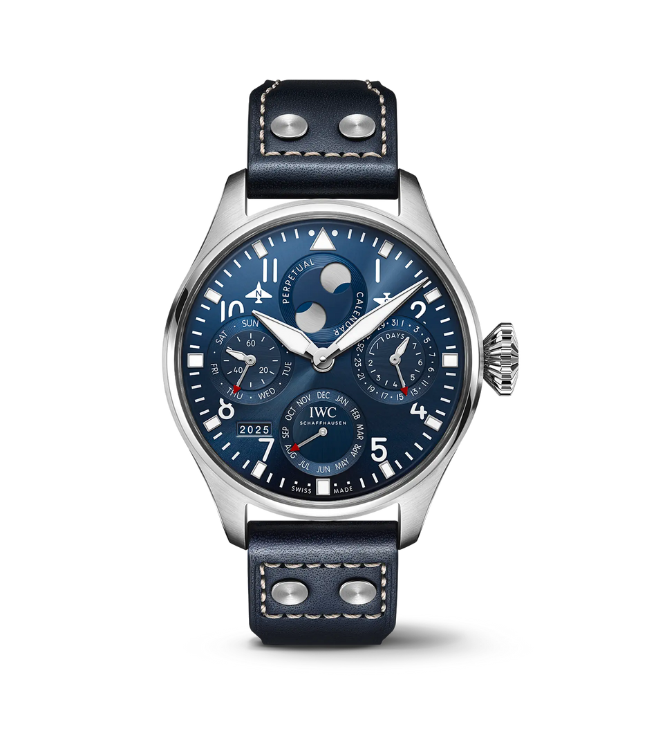 IWC Big Pilot’s Watch Perpetual Calendar IW503605 con cassa in acciaio 46,2 mm e quadrante blu racing sunray.