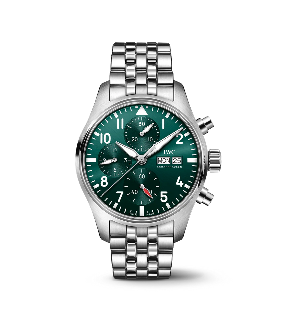 IWC Pilot’s Watch Chronograph 41 IW388104 con cassa in acciaio 41 mm e quadrante verde con lancette luminescenti.