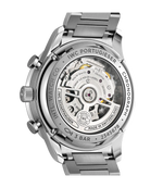 Load image into Gallery viewer, Dettaglio quadrante argentato con contatori cronografici e lancette azzurrate.